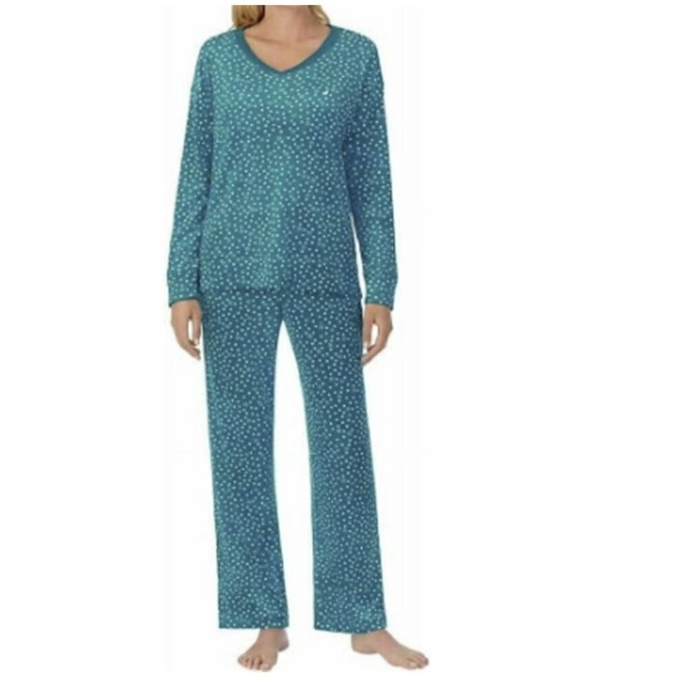 Nautica New Silky Stretch Fleece Polka Dot Blue White Sleepwear 2 Piece Set